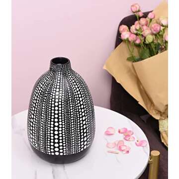 Quoowiit Modern Vase for Home Decor, Black and White Vase for Living Room Bedroom Office Decoration, Decorative Flower Vase for Shelf Decor, Table Decor, Bookshelf, Mantle, Entryway-Black Short