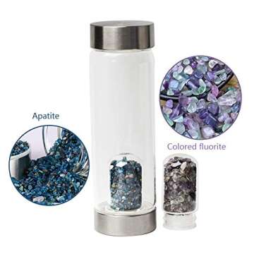 AMOYSTONE Crystal Water Bottle 16 Oz Gemstone Quartz Bottle 2 Mouths with Replace Gemstones Pod Apatite