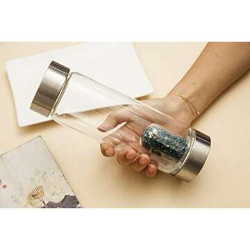 AMOYSTONE Crystal Water Bottle 16 Oz Gemstone Quartz Bottle 2 Mouths with Replace Gemstones Pod Apatite