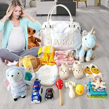 Chenille Letter Duffle Bag, Mama Bag With Patches, Nylon Chenille Letter Embroidered Travel Bag, Lightweight Adjustable Mom Hospital Bag With Zipper for Mothers Day Gifts