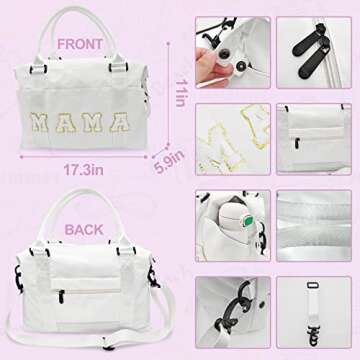 Chenille Letter Duffle Bag, Mama Bag With Patches, Nylon Chenille Letter Embroidered Travel Bag, Lightweight Adjustable Mom Hospital Bag With Zipper for Mothers Day Gifts