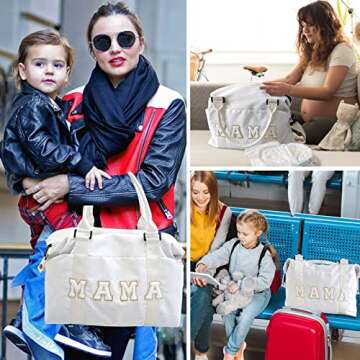 Chenille Letter Duffle Bag, Mama Bag With Patches, Nylon Chenille Letter Embroidered Travel Bag, Lightweight Adjustable Mom Hospital Bag With Zipper for Mothers Day Gifts
