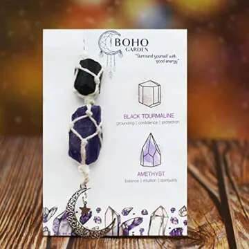 BOHO GARDEN Hanging Car Charm - Black Tourmaline, Amethyst - Dangling Moon, Healing Crystal Accessor...
