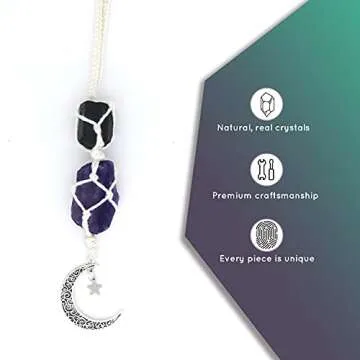 BOHO GARDEN Hanging Car Charm - Black Tourmaline, Amethyst - Dangling Moon, Healing Crystal Accessories, Rearview Mirror Decorations - Grounding, Confidence, Protection, Balance, Energy, Spirituality
