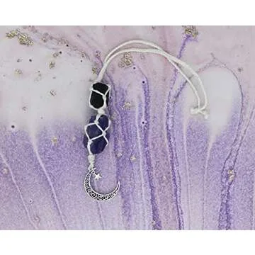 BOHO GARDEN Hanging Car Charm - Black Tourmaline, Amethyst - Dangling Moon, Healing Crystal Accessories, Rearview Mirror Decorations - Grounding, Confidence, Protection, Balance, Energy, Spirituality