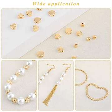 1200 Pieces Spacer Beads Set Star Round Ball Rondelle Faceted Spacer Heart Flower Flat Disc Loose Beads for Bracelet Earring Necklace Jewelry Making (Gold)