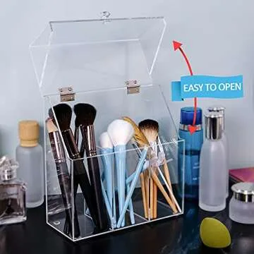 weddingwish Makeup Brush Holders With Cover, Dust-Proof Lid, Acrylic Makeup Storage Box, Large Capacity Brush Organizer for Dressing Table…