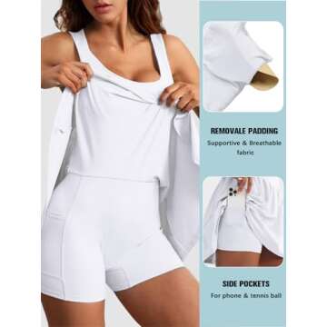 Sexyasasii Women's Summer Athletic Tennis Dress with Built in Shorts and Bra Square Neck Workout Exercise Active Golf Dresses White
