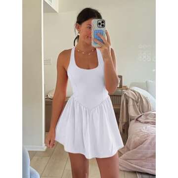 Sexyasasii Women's Summer Athletic Tennis Dress with Built in Shorts and Bra Square Neck Workout Exercise Active Golf Dresses White