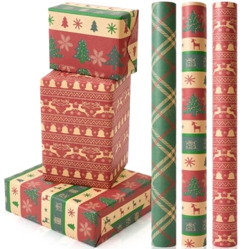 Vintage Christmas Wrapping Paper Mini Roll 3 Unique Designs, 17" x 120"
