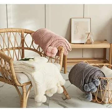 MIDO HOUSE Chenille Pom Pom Throw - Soft & Cozy Knitted Blanket Handmade Throw with Tassels for Couch, Bed, Sofa, Chair