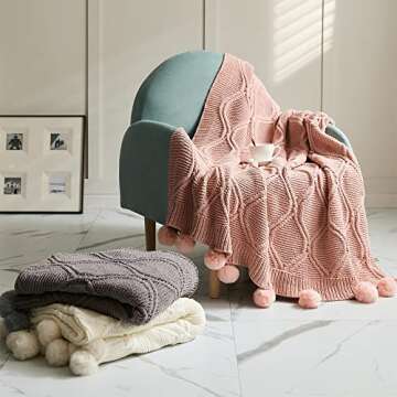 MIDO HOUSE Chenille Pom Pom Throw - Soft & Cozy Knitted Blanket Handmade Throw with Tassels for Couch, Bed, Sofa, Chair
