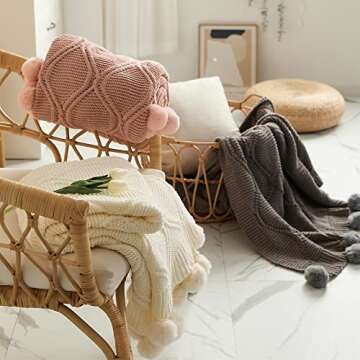 MIDO HOUSE Chenille Pom Pom Throw - Soft & Cozy Knitted Blanket Handmade Throw with Tassels for Couch, Bed, Sofa, Chair