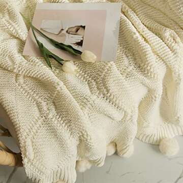 MIDO HOUSE Chenille Pom Pom Throw - Soft & Cozy Knitted Blanket Handmade Throw with Tassels for Couch, Bed, Sofa, Chair