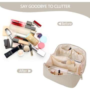 BAKLUCK Travel Large Capacity Cosmetic Bag with Compartment Waterproof PU Leather Makeup Bag for Women and Girl Travel Bathroom Portable Checkered Beige