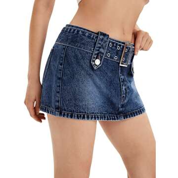 SweatyRocks Women's Casual Buckle Belted Jean Skirt Low Rise Mini Denim Skirts Dark Wash XS