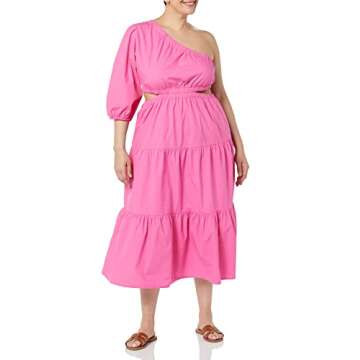 The Drop Women's April One Shoulder Cut-Out Tiered Midi Dress, Rose Pink, S
