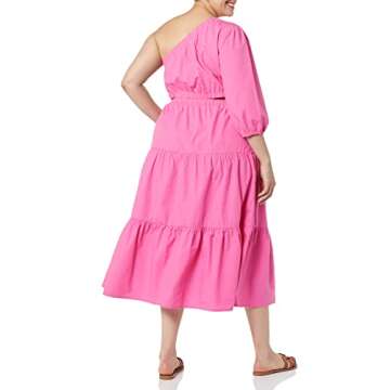 The Drop Women's April One Shoulder Cut-Out Tiered Midi Dress, Rose Pink, S