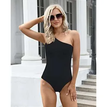 Allchic Womens Sexy One Shoulder Sleeveless Tank Bodysuit Tops Scoop Neck Jumpsuits (B-Black, Large)