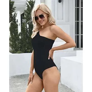 Allchic Womens Sexy One Shoulder Sleeveless Tank Bodysuit Tops Scoop Neck Jumpsuits (B-Black, Large)