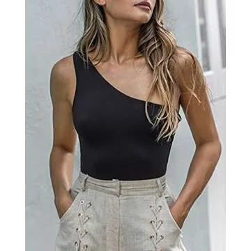 Allchic Womens Sexy One Shoulder Sleeveless Tank Bodysuit Tops Scoop Neck Jumpsuits (B-Black, Large)