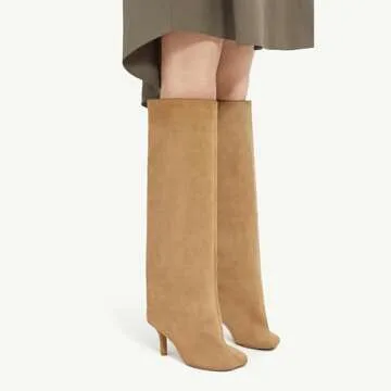Women's Knee High Boots Nude Suede Wide Calf Stiletto Long Boots Pull On High Heel Riding Boots Fahi...