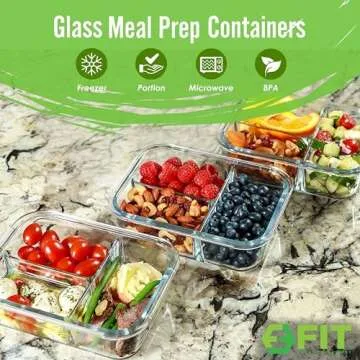 FIT Strong & Healthy Glass Meal Prep Containers 3 Compartments - Portion Control, Snack & Lunch Cont...