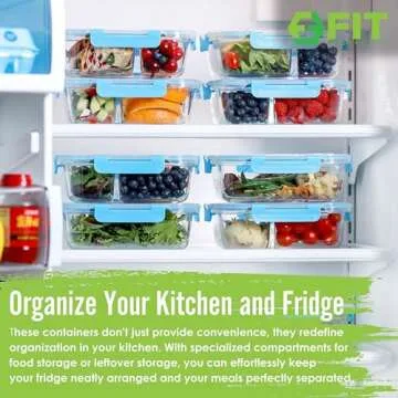 FIT Strong & Healthy Glass Meal Prep Containers 3 Compartments - Portion Control, Snack & Lunch Container, Food Storage, Airtight Lids, Oven & Freezer Safe, Leak-Proof Bento Box, 32oz, Blue, 3 Pack