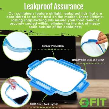 FIT Strong & Healthy Glass Meal Prep Containers 3 Compartments - Portion Control, Snack & Lunch Container, Food Storage, Airtight Lids, Oven & Freezer Safe, Leak-Proof Bento Box, 32oz, Blue, 3 Pack
