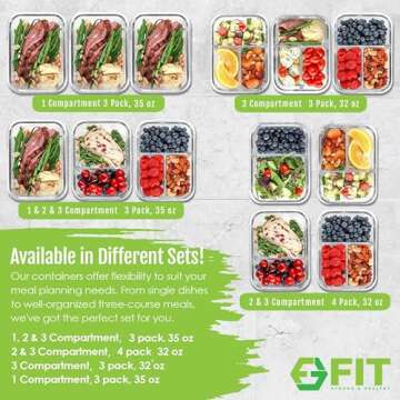 FIT Strong & Healthy Glass Meal Prep Containers 3 Compartments - Portion Control, Snack & Lunch Container, Food Storage, Airtight Lids, Oven & Freezer Safe, Leak-Proof Bento Box, 32oz, Blue, 3 Pack