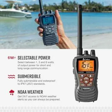 Cobra MR HH350 FLT Handheld Floating VHF Radio - 6 Watt, Submersible, Noise Cancelling Mic, Backlit LCD Display, NOAA Weather, and Memory Scan, Grey
