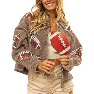 happlan Football Sequin Embroidery Rugby Cropped Frayed Hem Vintage Washed Corduroy Jacket Coat Shac...