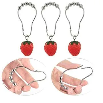 Set of 12 Metal Stainless Steel Rust,Decorative Strawberry Shower Curtain Hooks for Bathroom Shower Rod,Shower Rings with Cute Strawberry Resin Decor Pendants Fruit Series Style Design