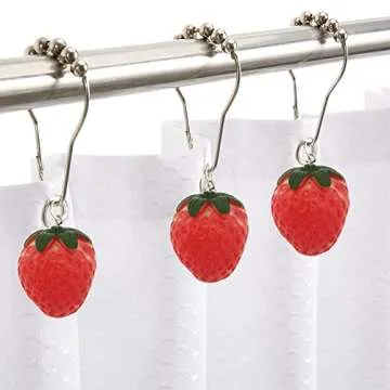 Set of 12 Metal Stainless Steel Rust,Decorative Strawberry Shower Curtain Hooks for Bathroom Shower Rod,Shower Rings with Cute Strawberry Resin Decor Pendants Fruit Series Style Design