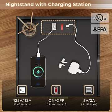 HAUOMS Black Nightstand Set of 2,End Table with Charging Station,LED Night Stand with Pull-Out Tray,Bedside Table with Drawers,Modern Night Stand Set 2, Side Tables Bedroom