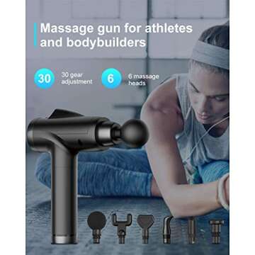 Massage Gun for Athletes, Deep Tissue Percussion Muscle Massager with 6 Heads for Pain Relief, Handheld Quite Portable Massage Device with 30 Speed for Back, Neck, Shoulder, Foot, Leg Recovery