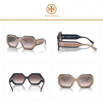 Tory Burch TY7192U 19396I 55MM Navy Beige/Clear Gradient Grey Mirror Silver Hexagonal Sunglasses for Women + BUNDLE With Deisgner iWear Complimentary Eyewear Kit