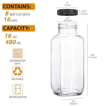 umud Juice Bottles with Lids, 16 Oz - Set of 8 - Clear Glass Jars with Caps - Reusable Empty Drink C...