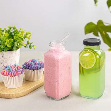 umud Juice Bottles with Lids, 16 Oz - Set of 8 - Clear Glass Jars with Caps - Reusable Empty Drink Containers for Juicing, Smoothies, Water, Milk, Kombucha Storage, Wellness Shots and More (8)