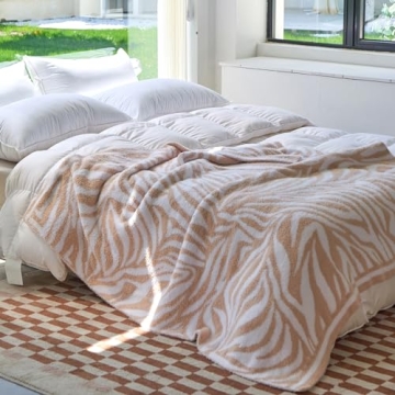 ATMOSURELY Ultra Soft Cozy Knitted Throw Blanket Microfiber Zebra Print Fluffy Blanket Beige Lightwe...