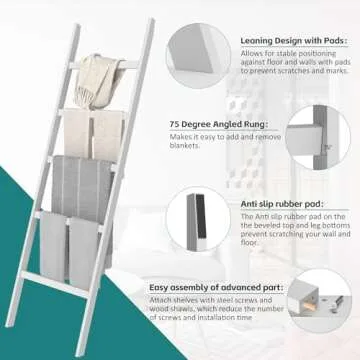 WTZ Blanket Ladder, 5-Layer Towel Racks, Blanket Holder with Anti-Slip Construction Home Decor, Decorative Blanket, Quilt, Towel, Scarf Ladder Shelves for Livingroom, Bedroom, Bathroom, White