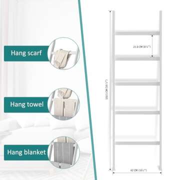 WTZ Blanket Ladder, 5-Layer Towel Racks, Blanket Holder with Anti-Slip Construction Home Decor, Decorative Blanket, Quilt, Towel, Scarf Ladder Shelves for Livingroom, Bedroom, Bathroom, White