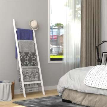 WTZ Blanket Ladder, 5-Layer Towel Racks, Blanket Holder with Anti-Slip Construction Home Decor, Decorative Blanket, Quilt, Towel, Scarf Ladder Shelves for Livingroom, Bedroom, Bathroom, White