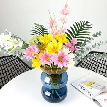 Cloudnola Reversible Large Glass Flower Vase and Bud Vase, Blue and Yellow, 12" Height x 8.1" Dia, Home, Wedding, and Event Decor