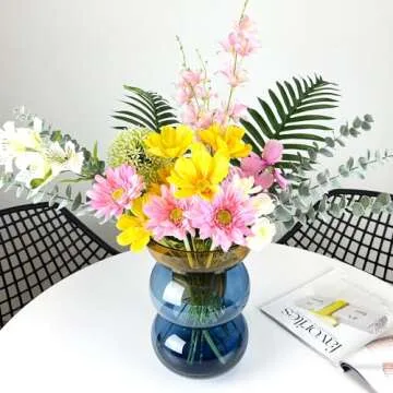 Cloudnola Reversible Large Glass Flower Vase and Bud Vase, Blue and Yellow, 12" Height x 8.1" Dia, Home, Wedding, and Event Decor