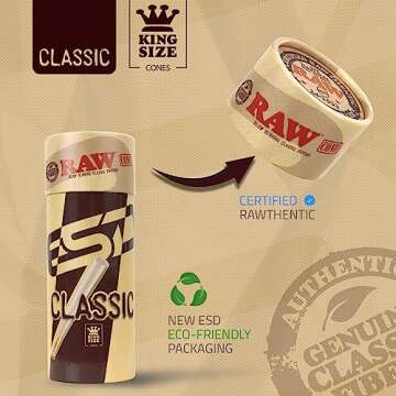 RAW Cones Classic King Size - 50 Pack - Slow Burning Pre Rolled Cones made of Paper with Tips & Packing Tubes Included