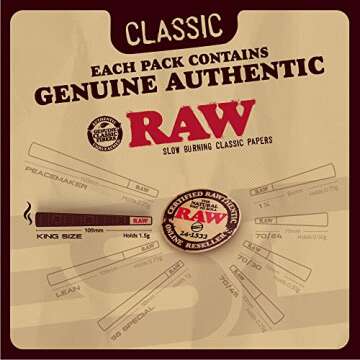 RAW Cones Classic King Size - 50 Pack - Slow Burning Pre Rolled Cones made of Paper with Tips & Packing Tubes Included