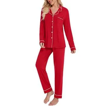 SWOMOG Womens Pajamas Set Long Sleeve Sleepwear Button Down Nightwear Soft Pj Lounge Sets Red