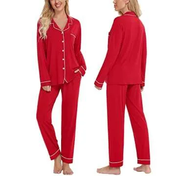 SWOMOG Womens Pajamas Set Long Sleeve Sleepwear Button Down Nightwear Soft Pj Lounge Sets Red