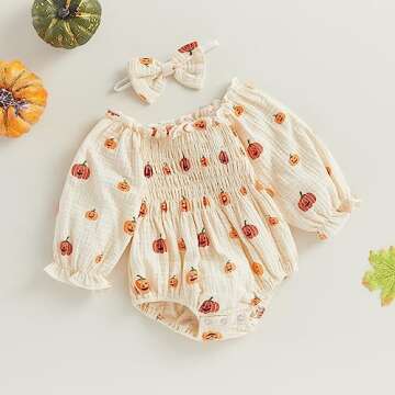 brilliantme Newborn Infant Baby Girl Halloween Outfit Cute Pumpkin Romper Long Sleeve Bodysuit Headb...